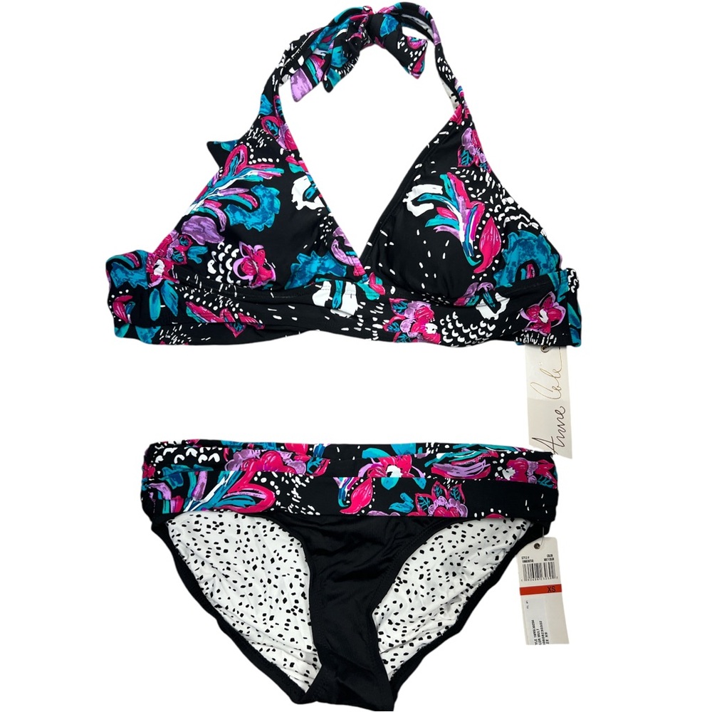 Anne Cole Floral‎ Polka Dot Black Pink Halter Top Two Piece Bikini Set Size XS